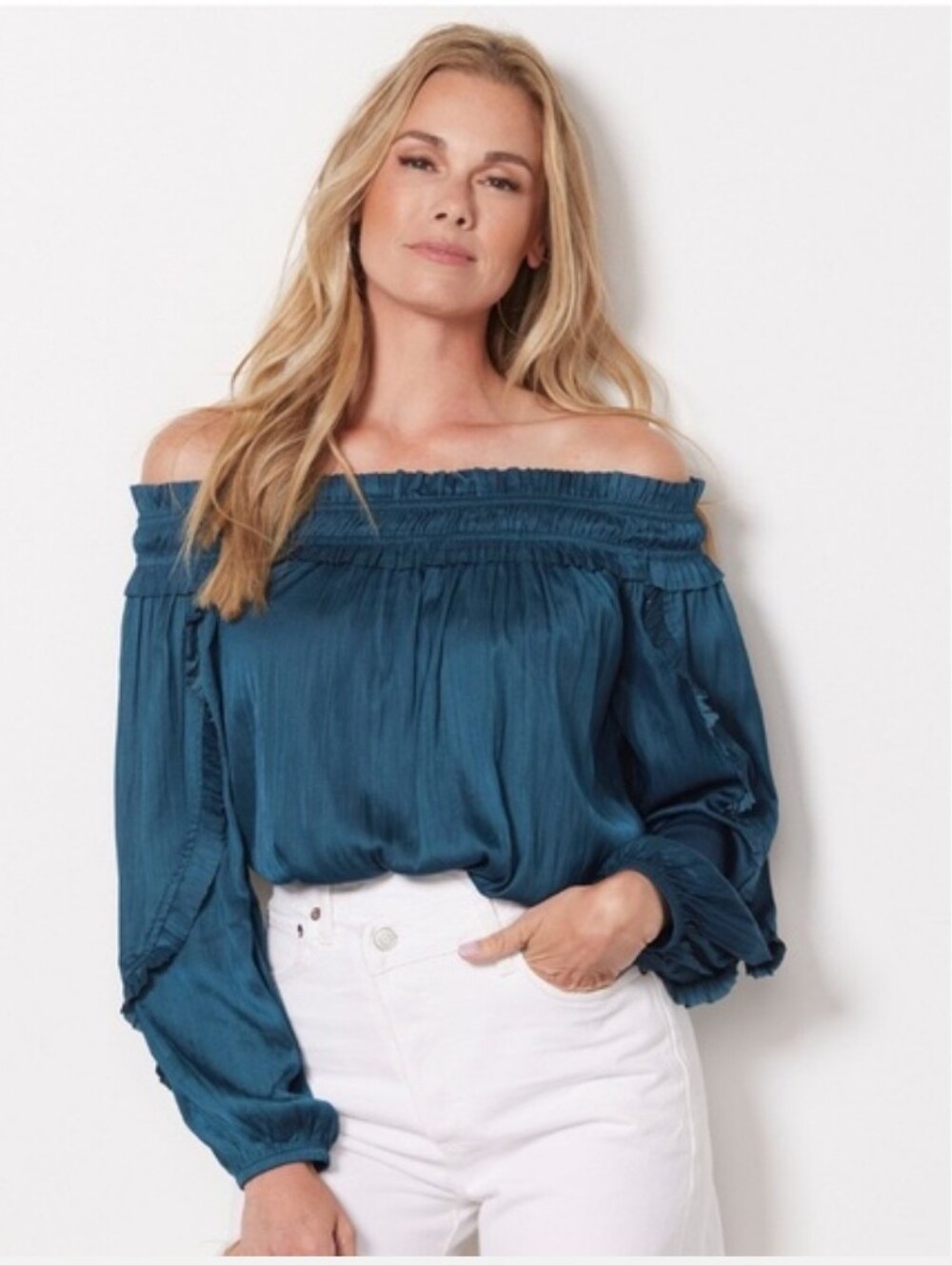 Evereve Amari Off-Shoulder Teal Smocked Ruffle Peasant Blouse Women S Tops